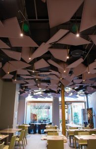 desain akustik interior secara prominent pada cafe